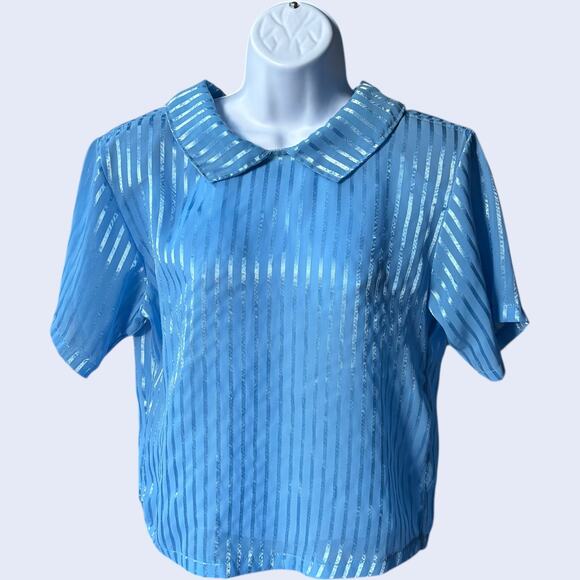Unbranded Sheer Satin-Stripe Peter Pan Collar Blouse Sky Blue Boxy Y2K - Picture 1 of 5